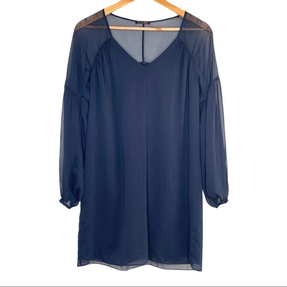Massimo Dutti Navy Loose Fit Sheer Sleeve Mini Dress Size Small